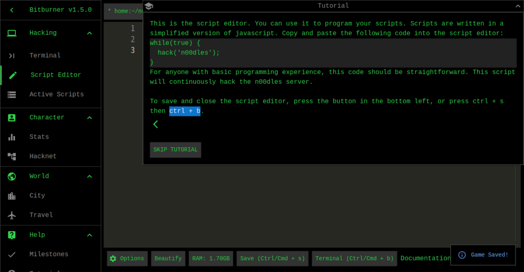 【チュートリアル攻略】ハッカー体験ゲーム【Bitburner】で、スクリプトを実行しよう！